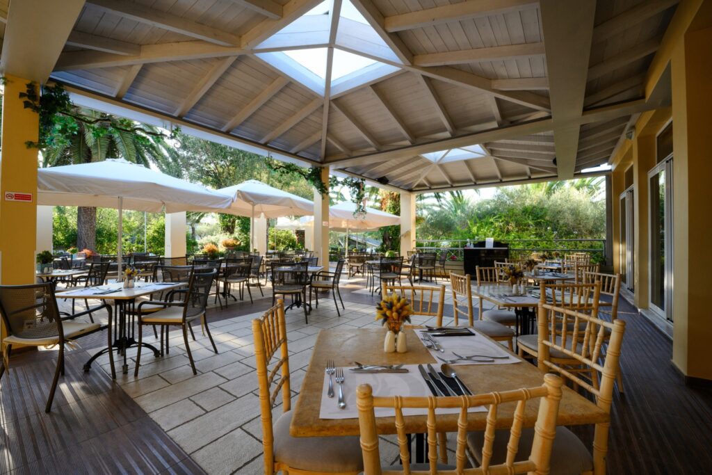 Shaded outdoor seating in the gardens